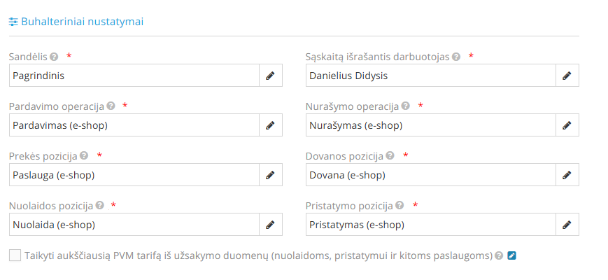 Buhalterinių nustatymų užpildymo pavyzdys Allegro integracijoje